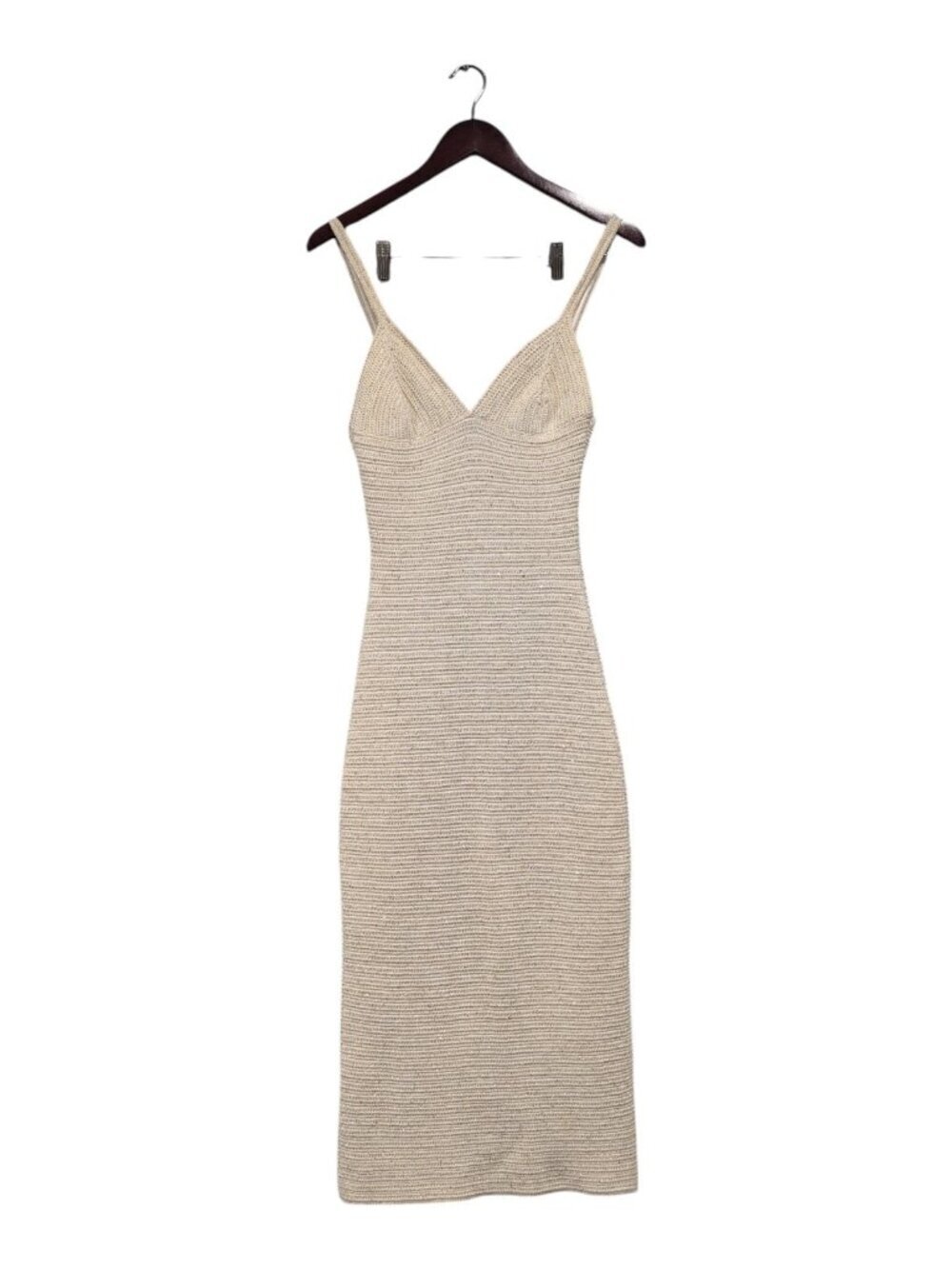 Mango MNG Selection Gold Sequin Detail Knit Midi Dress Cream V-Neck Strappy Sz 4
